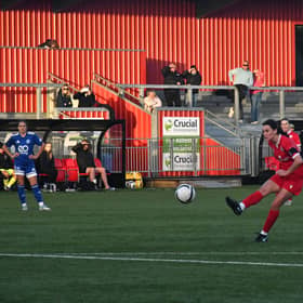 Captain Sophia Wickenden steps up and fires a free-kick into the corner to put Worthing Women in front.