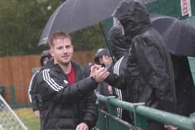 Joe Bull thanks the travelling Hassocks support after a 3-0 win at Forest Row played out in the middle of Storm Boelo