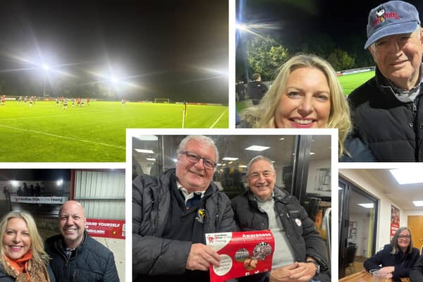 Mims Davies MP joins annual Adam Dabell Memorial Cup at EG FC with Richard from East Grinstead Football Club, Cllr John Dabell and fellow Councillors