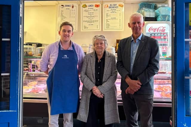 John Milne MP with Sue & Jack from local business, Beeches Buffet.