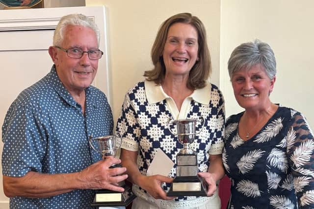 Coronation Foursomes Trophy Winners Jim Lee & Lady Vice-Captain Phili Dagwell with Fee Blackwell - competition organiser.