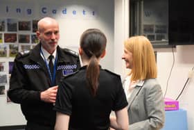 Volunteer Cadet Leader Stephen Cranford with Sussex PCC Katy Bourne and a Sussex Police Cadet