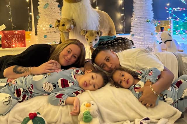Mums Leanne and Sara said they could 'just be mummies' thanks to the support of Chestnut Tree House. Here, an early Christmas at the hospice with matching PJs and fairy lights.
