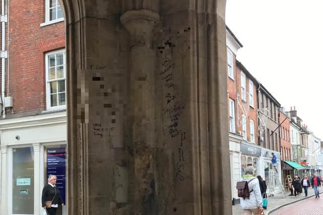 Chichester residents have been left angered after someone wrote all over the inside pillars in a black marker.