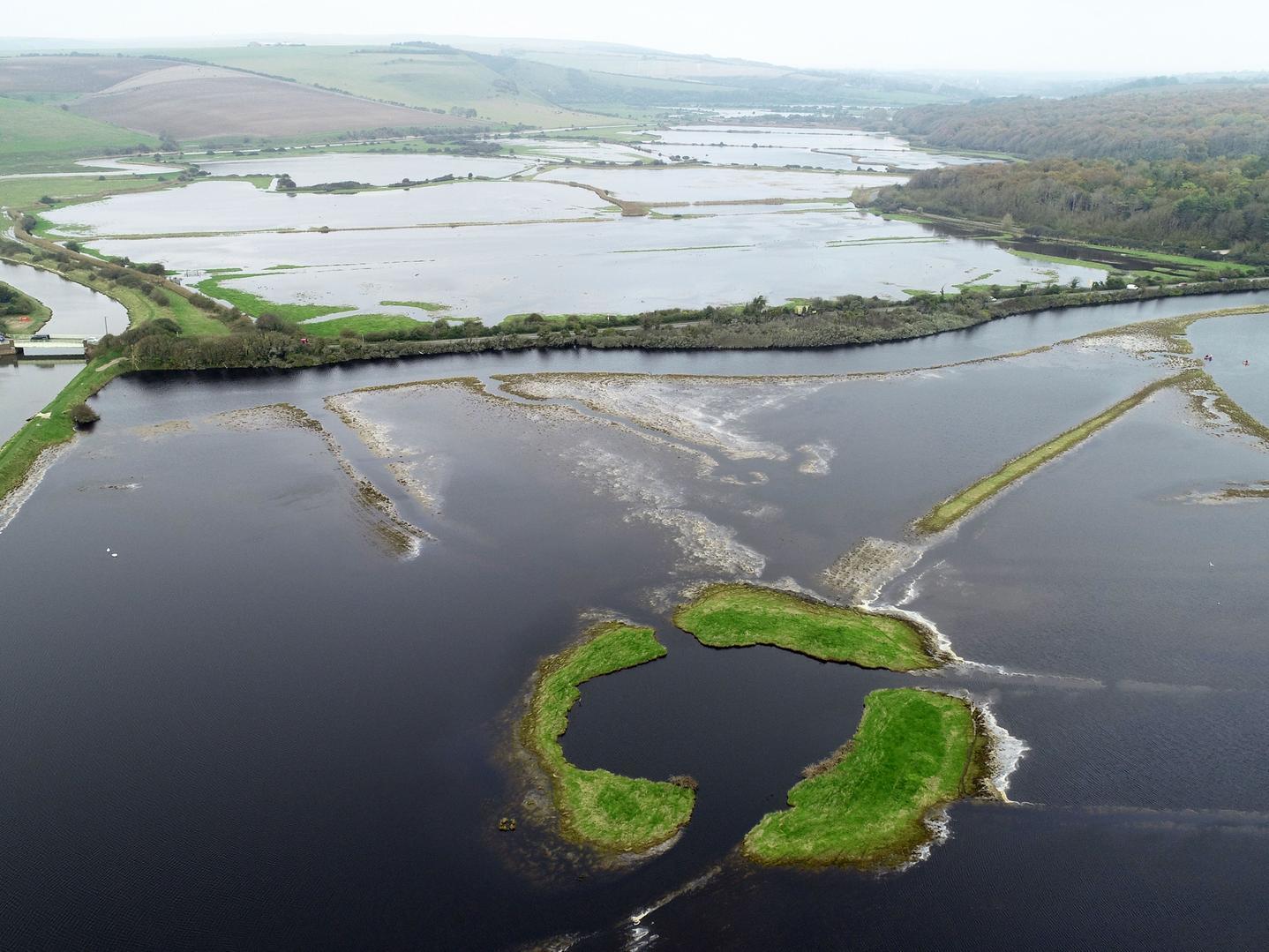 Cuckmere river flooding looking north to Exceat Bridge, Cuckmere Haven, Seaford
