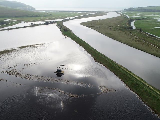 Cuckmere river flooding looking north to Exceat Bridge, Cuckmere Haven, Seaford