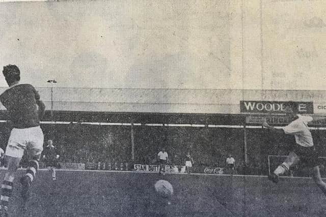 Peter Harris takes a shot at Ashton Gate - reproduced from the Chichester Observer archives