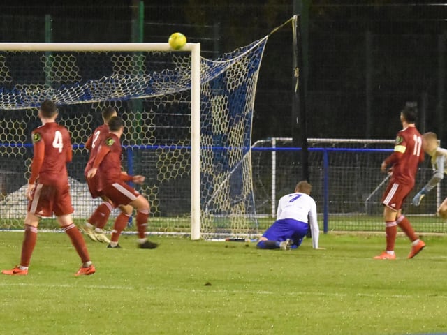 Callum Saunders sees his shot hit the bar.