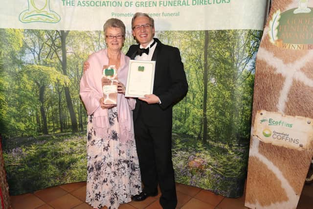 Janet Rounce and Christopher Rounce receive two prizes at the 2019 Good Funeral Awards