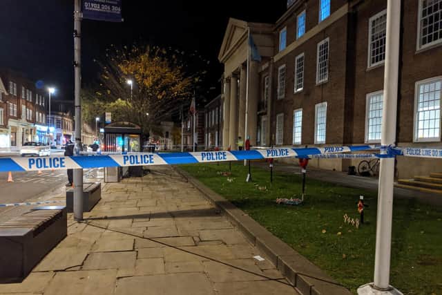 The scene of the incident outside Worthing Town Hall this evening (November 7)
