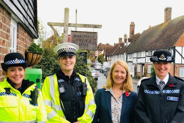 Rural  Crime PCSO Olivia Clinton, Sergeant Vicki Rees, Sussex Police and Crime Commissioner Katy Bourne and Deputy Chief Constable Jo Shiner outside Hartfield Village Hall