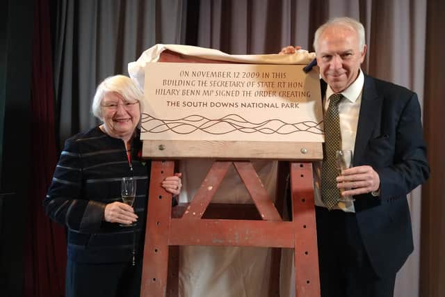 Margaret Paren, chairman of the National Park Authority and Lord Bassam of Brighton who unveiled the plaque on behalf of Hilary Benn
