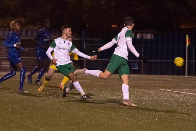 Ashton Leigh puts Bognor 3-1 up at Margate / Picture by Tommy McMillan