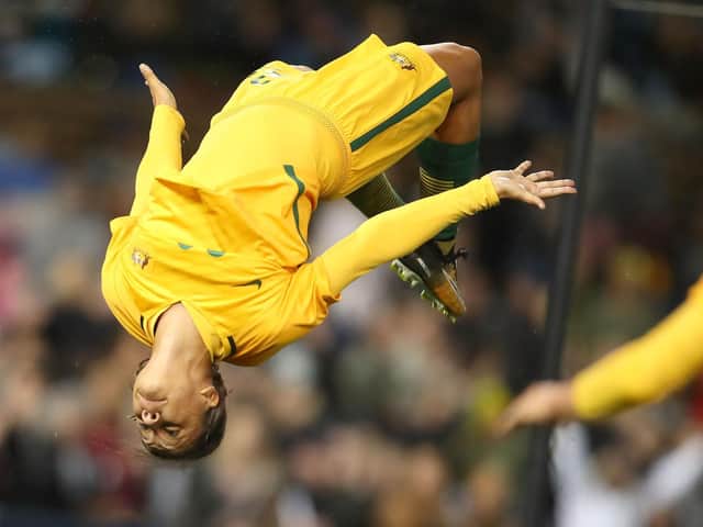 Sam Kerr celebrates a goal during the Women's International match between the Australian Matildas and Brazil in September (Photo by Tony Feder/Getty Images)