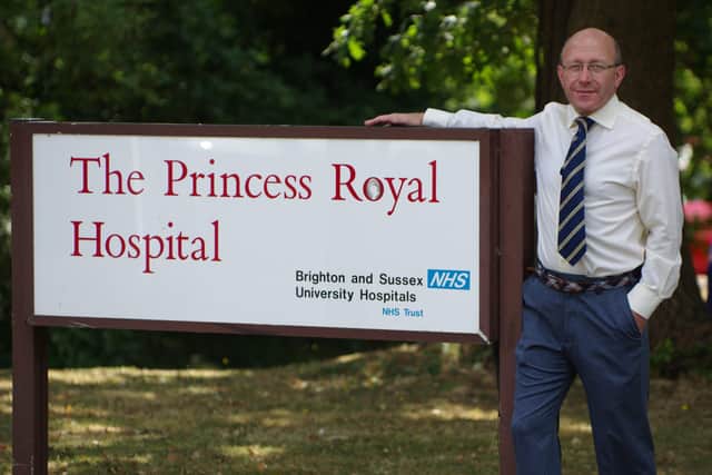 Lim Dem Mid Sussex election candidate Robert Eggleston outside the Princess Royal Hospital in Haywards Heath