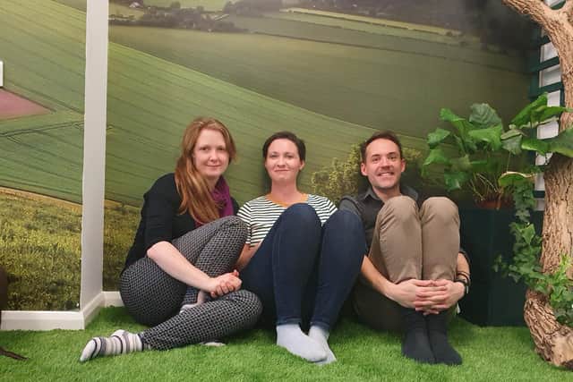 From left to right: Jenny Catling, 32, Here's identity, culture and engagement coach; Sarah James, 39, the marketing and communications lead; and Paul Macauley, 39, 
organisational development coach.
