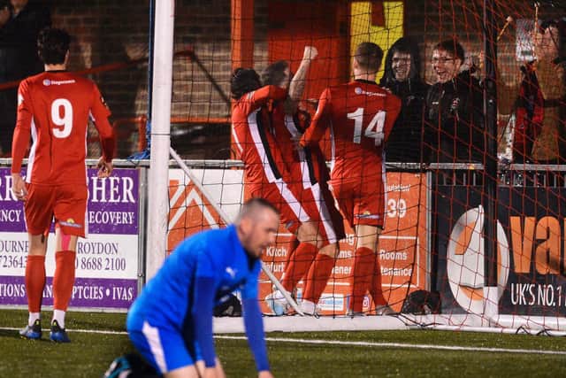 Eastbourne Borough celebrate Dean Cox's goal against Hartley Wintney on the FA Trophy Cup (Photo by Jon Rigby)