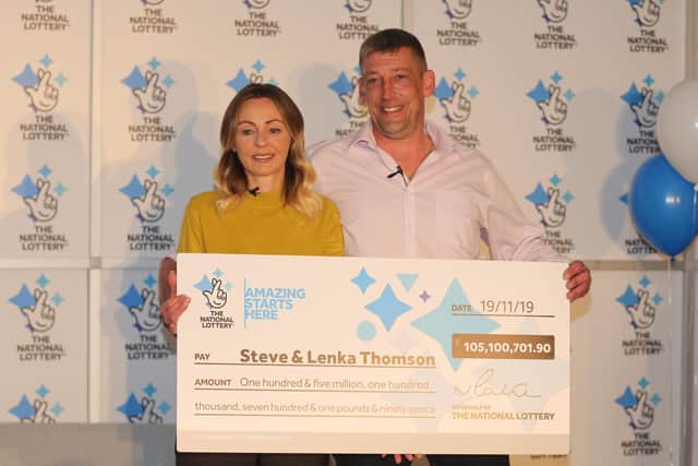 UK NATIONAL LOTTERY WINNERS £105, 100, 701.90

STEVE AND LENKA THOMSON (STEVE AGED 42 )DISCOVERED THE WIN WHILST WAITING TO BE PICKED UP FOR WORK SUS-191126-115704001