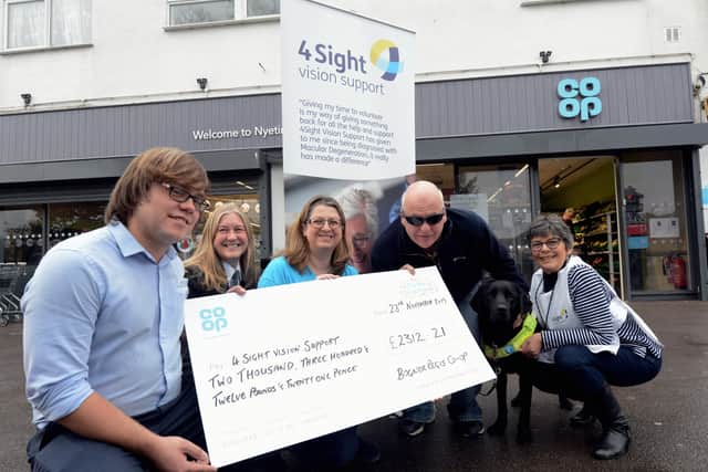 ks1906377-3 Co-Op  Cheques   phot kate
Jamie Barrtle, store manager at the Co-op in Nyetimber, left, hands over a cheque for £2,312.21 to 4 Sight Vison Support.ks1906377-3 SUS-191124-103751008