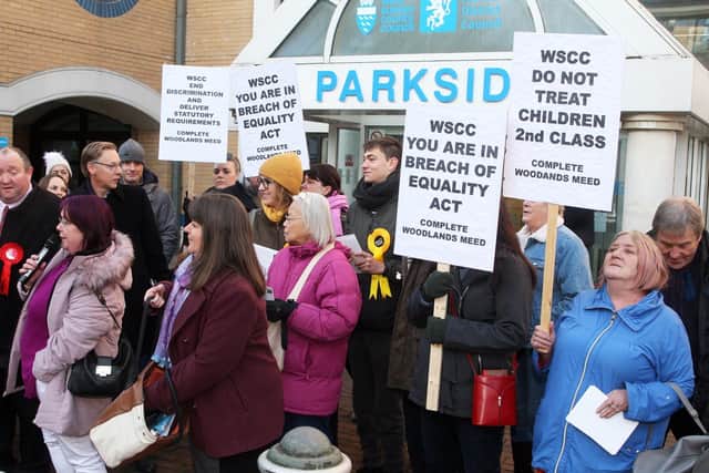 DM19120802a.jpg. Woodlands Meed school campaigners protest outside county hall north, Horsham. Photo by Derek Martin Photography. SUS-190412-132848008