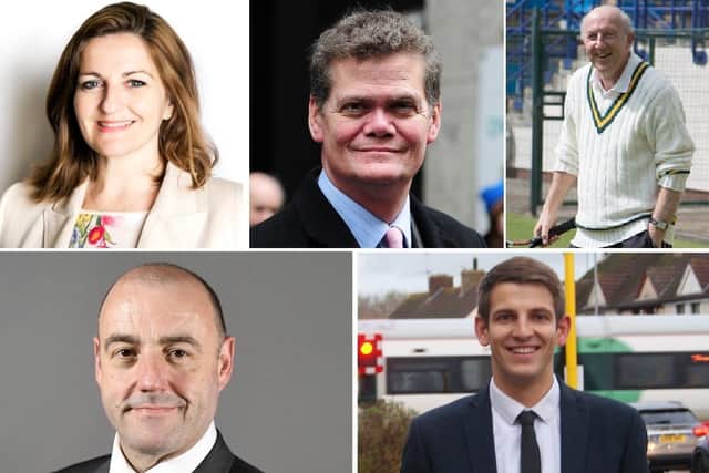 Eastbourne general election 2019 candidates, clockwise: Caroline Ansell, Stephen Lloyd, Ken Pollock, Stephen Gander and Jake Lambert