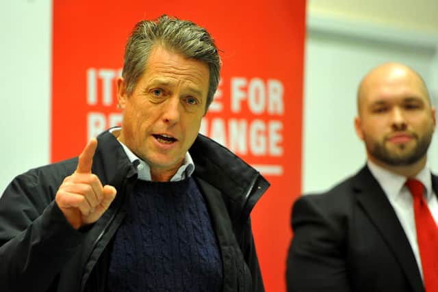 Hugh Grant campaigning alongside Labour candidate for Crawley, Peter Lamb. Photo: Steve Robards