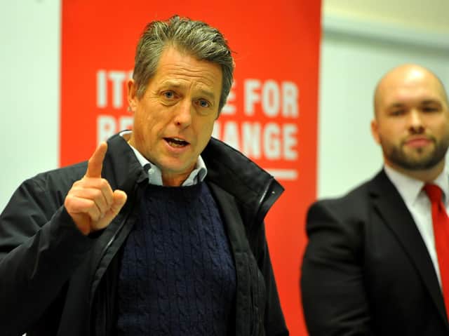 Hugh Grant campaigning alongside Labour candidate for Crawley, Peter Lamb. Photo: Steve Robards