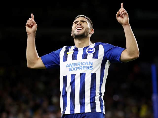 Brighton and Hove Albion striker Neal Maupay celebrates his goal against Wolves at the Amex Stadium last Sunday