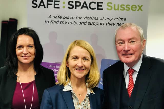 Financial abuse safeguarding officer Bernadette Lawrie, PCC Katy Bourne and new volunteer Tony Carr