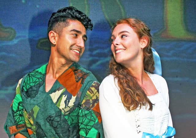 Peter Pan at The Capitol, Horsham. Anthony Sahota as Peter and Rebecca Lafferty as Wendy. Photo by Derek Martin
