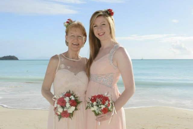 Shirley Goldie on her wedding day in Antigua, with Chantal