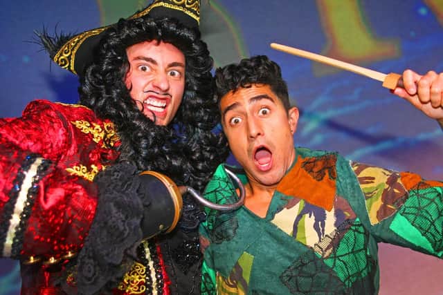 Nicholas Collier as Captain Hook and Anthony Sahota as Peter Pan. Photo by Derek Martin, dm1994779a