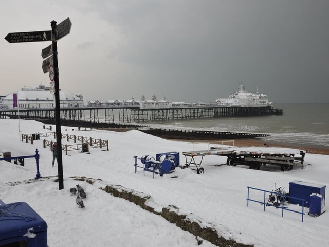 Eastbourne pier and seafront in the snow in December 2010