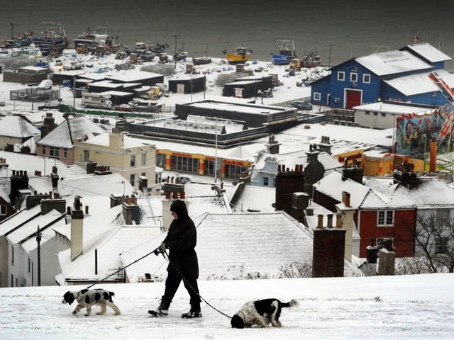 Hastings covered in snow in December 2010, from West Hill