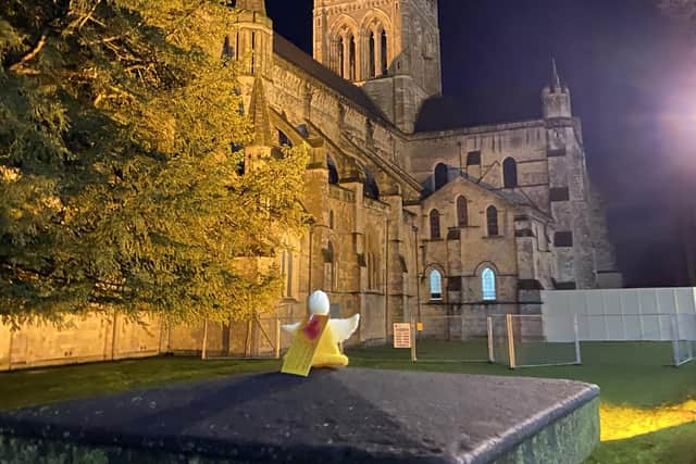 A knitted angel outside Chichester Cathedral