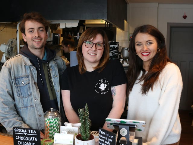 Sophie Cohen, manager of Cactus Kitchen Gals, with Tom England and Jasmyn Banks from the cast of Caroline's Kitchen at the Connaught Theatre