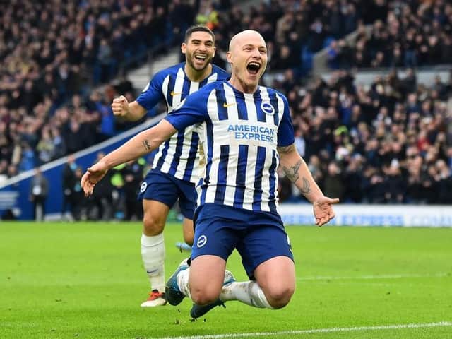 Brighton and Hove Albion Aaron Mooy celebrates after his excellent strike during the 2-0 victory against Bournemouth