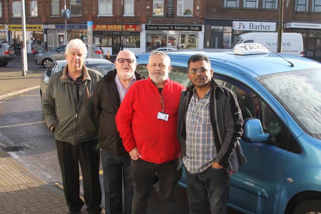DM2010151a.jpg. Adur taxi drivers complain about restrictive licence regulations. Robin Monk, (second from left) and taxi drivers from left, Steve Manville, Sean Ridley and Salah Abdallah. Photo by Derek Martin Photography SUS-200701-134834008