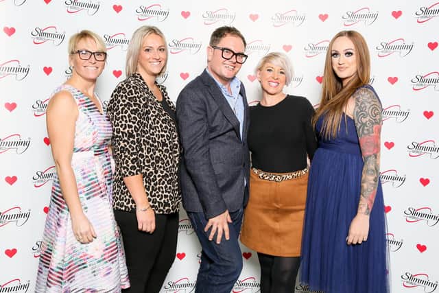 Worthing and Lancing Slimming World consultants Michelle Ferris Talbot, Sarah-Lucy Huskinson, Rachael Davis and Robyn Gatland with Alan Carr