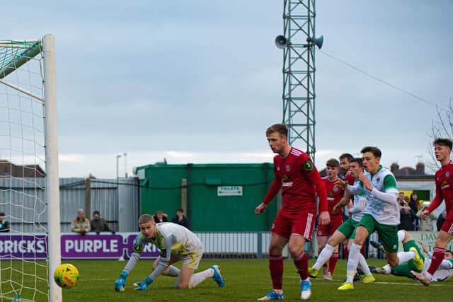 A near-miss for Bognor against Worthing - and that was about as close as they got to scoring / Picture: Tommy McMillan