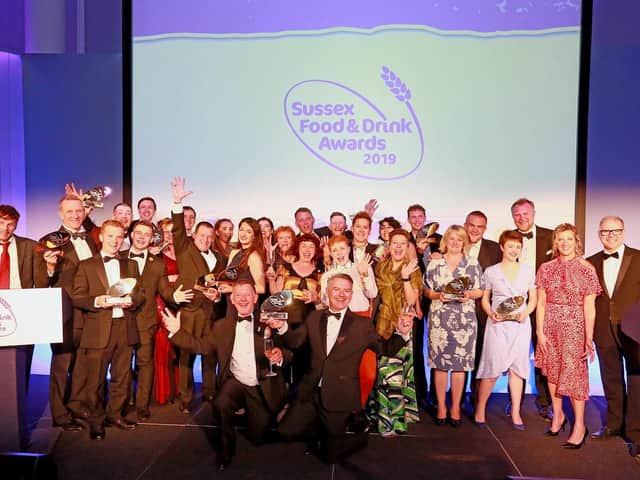 Winners of the Sussex Food & Drink Awards 2019 with Sally Gunnell OBE and awards host, Danny Pike