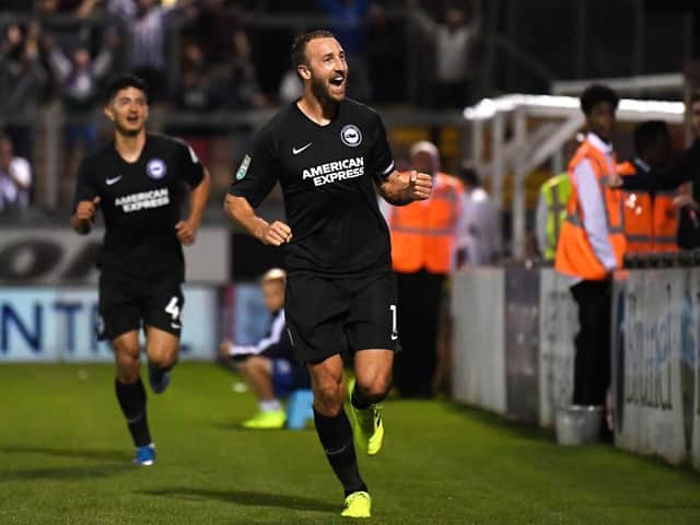 Glenn Murray celebrates his only goal of the season during the Carabao Cup clash at Bristol Rovers earlier this season