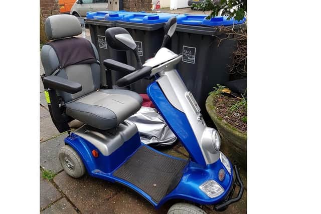 Dawn's blue mobility scooter, which was essential for her mobility