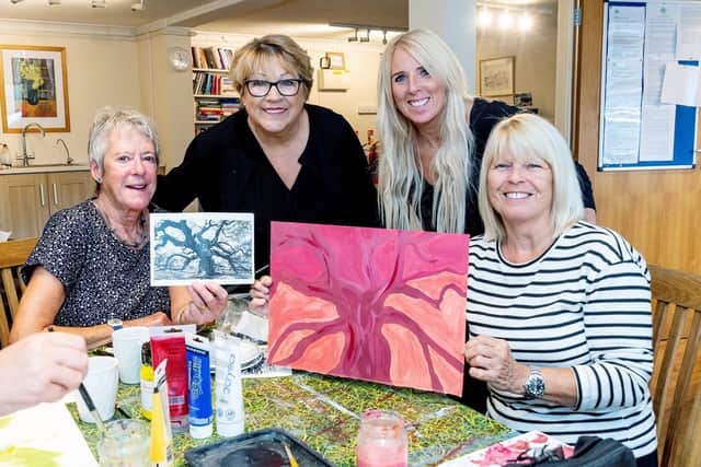 CancerWise art mentor Sue England with Juliet Ansell from CALA Homes, CancerWise centre manager Lisa Joy and Carol Hawkins