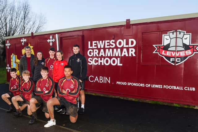 Lewes FC players open the new changing rooms with Lewes Old Grammar pupils. 
Left, back: Charlie Dobres Lewes FC director, player Rhian Cleverly, school pupil Ruairi Lamont, player Katie  Rood, and LOGS teacher Murray Heywood. Front: Theo Light, Harry Westgate, Louis Anderson, and Theo Ncube. 


Photograph by Simon Dack, Vervate.