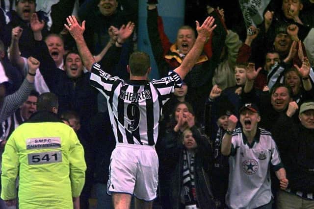 Shearer as he is best remembered - scoring for Newcastle