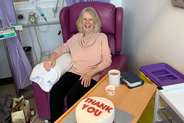 Helen Preece, from Yapton, relies on blood transfusions to treat a rare form of blood cancer. She recently had her 100th transfusion and a friend made a cake with a red filling to mark the occasion.