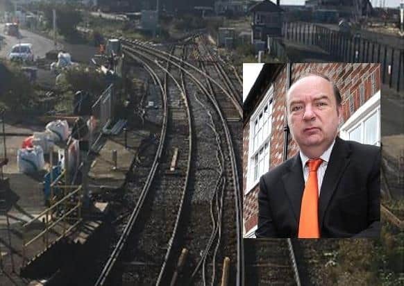 The branch line to Newhaven Marine station in October 2019 from the footbridge at Newhaven Harbour station. Picture: Department for Transport and (inset) former Lewes MP Norman Baker