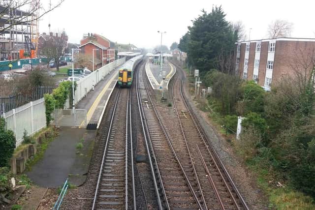 Worthing Railway Station, seen from Broadwater Bridge. The track and ballast between Lancing and West Worthing need replacing.