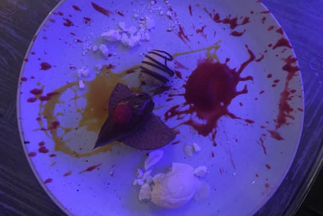 "The dessert presented on a crisp white plate with splashes of vivid colour was reminiscent of an artist's palette."